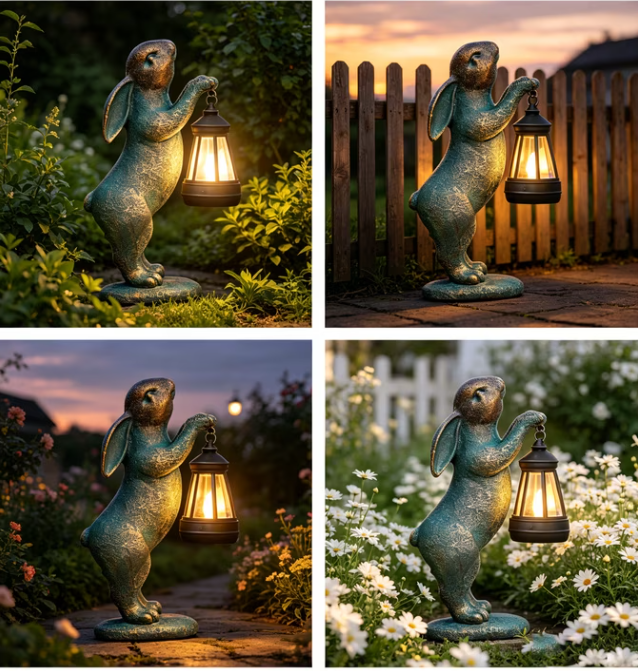Garden Statues Rabbit with Solar Lantern Outdoor Bunny Figurines Decorations for Patio Yard Lawn Ornaments Gifts for Birthday Easter Housewarming