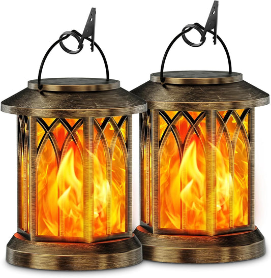 2 Pack Solar Lantern Outdoor Lights, Upgraded Flickering Flame Solar Lanterns Lights Outdoor Waterproof, Hanging Lantern Decorative Solar Powered Lanterns for Yard Patio Path Tree Garden Decor