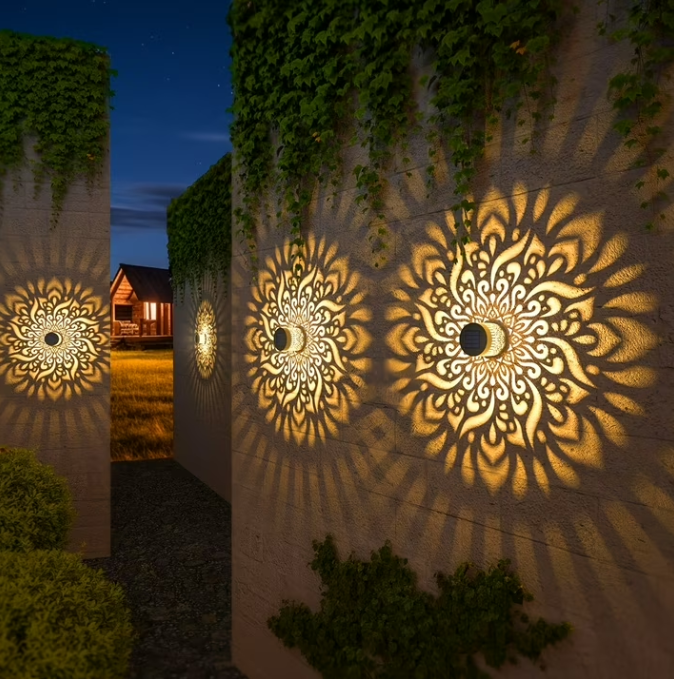 Lysliv 2-Pack Solar Fence Lights - Metal IP55 Waterproof Outdoor Step/Wall Lights w/ Mandala Pattern, 10LM Warm Yellow Light, Easy Install (3.54")