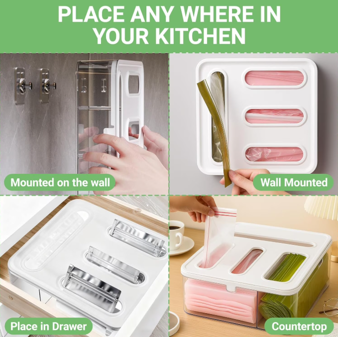 4 in 1 Food Storage Bag Organizer,BPA Free Ziplock Baggie Holder,Fits Gallon,Quart,Sandwich & Snack Bags,Drawer & Wall Mount