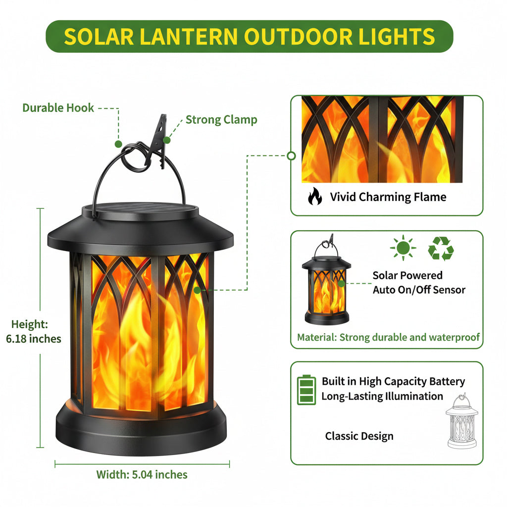 1 Pack Solar Lantern Outdoor Lights, Upgraded Flickering Flame Solar Lanterns Lights Outdoor Waterproof, Hanging Lantern Decorative Solar Powered Lanterns for Yard Patio Path Tree Garden Decor