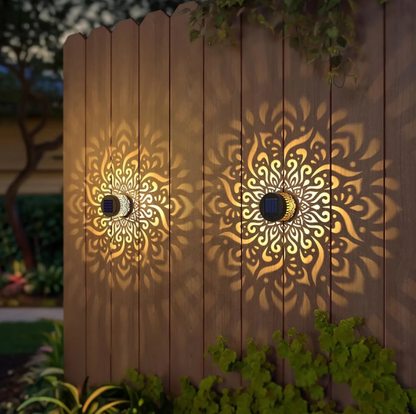 Lysliv 2-Pack Solar Fence Lights - Metal IP55 Waterproof Outdoor Step/Wall Lights w/ Mandala Pattern, 10LM Warm Yellow Light, Easy Install (3.54")