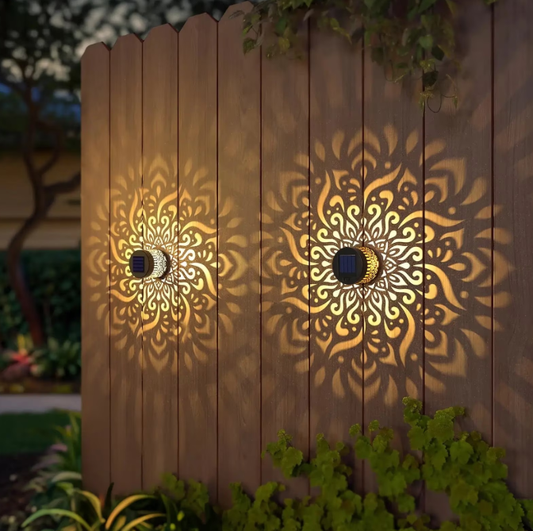 Lysliv 2-Pack Solar Fence Lights - Metal IP55 Waterproof Outdoor Step/Wall Lights w/ Mandala Pattern, 10LM Warm Yellow Light, Easy Install (3.54")