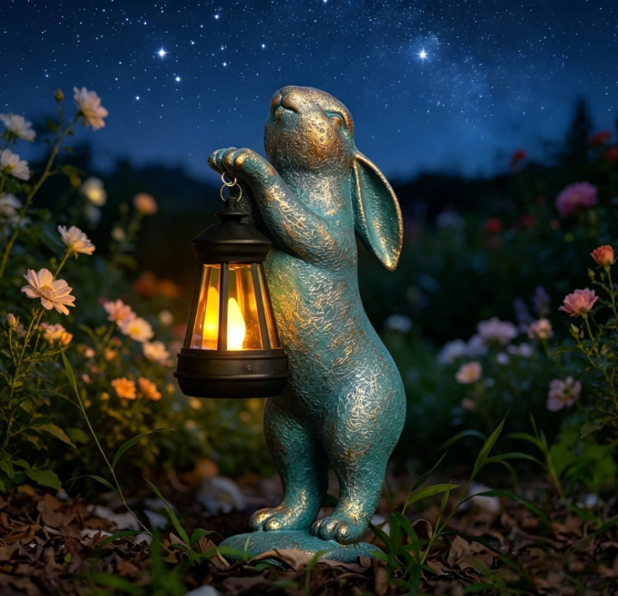 Garden Statues Rabbit with Solar Lantern Outdoor Bunny Figurines Decorations for Patio Yard Lawn Ornaments Gifts for Birthday Easter Housewarming