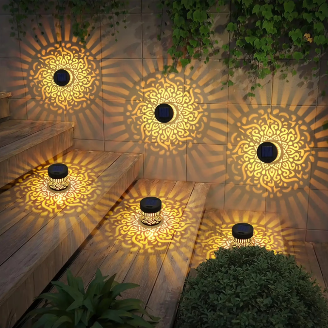 Lysliv 2-Pack Solar Fence Lights - Metal IP55 Waterproof Outdoor Step/Wall Lights w/ Mandala Pattern, 10LM Warm Yellow Light, Easy Install (3.54")
