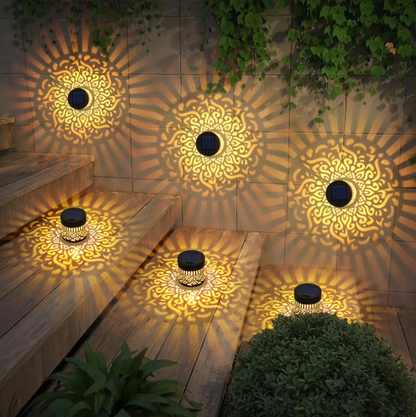 Lysliv 2-Pack Solar Fence Lights - Metal IP55 Waterproof Outdoor Step/Wall Lights w/ Mandala Pattern, 10LM Warm Yellow Light, Easy Install (3.54")